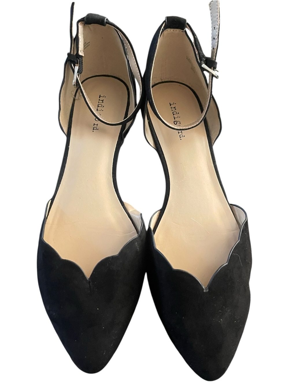 Indigo Rd. Black Faux Suede Pointed Toe Scalloped Ankle‎ Strap Flat Shoe Size 9